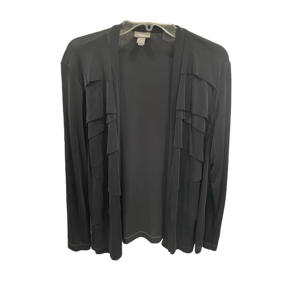 Chico's Travelers Sz 1 M Black Tiered Design 3/4 Sleeve Open Cardigan SI39